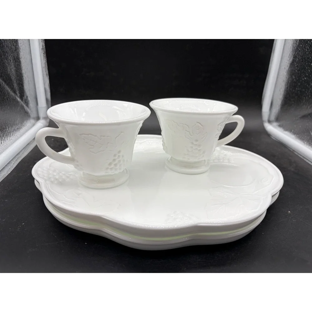 Westmoreland Milk Glass Paneled Grape Snack Set 2 Cups 2 Plates Vintage White